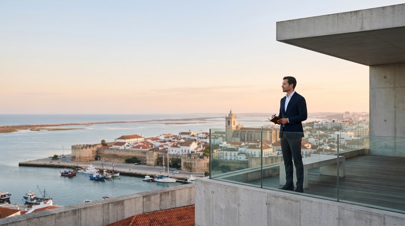 Faro Investeza: espacio de trabajo minimalista con portátil frente a una vista costera desenfocada